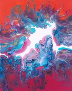 Abstract Dutch pour artwork in red, blue and white, created by CaroArt