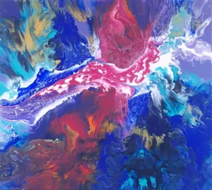 Abstract Dutch pour composition in red and blue shades, created by CaroArt