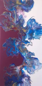 Abstract Dutch pour composition in blue tones with deep red and white background, by CaroArt