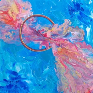 Abstract Dutch pour artwork of a ring crossed by a wave in red and pink tones on a blue background