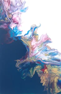 Abstract Dutch pour artwork with a wave of sand and coral red colors on a blue and white background