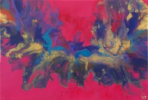 Abstract Dutch pour artwork featuring a beige and blue ribbon on a red background